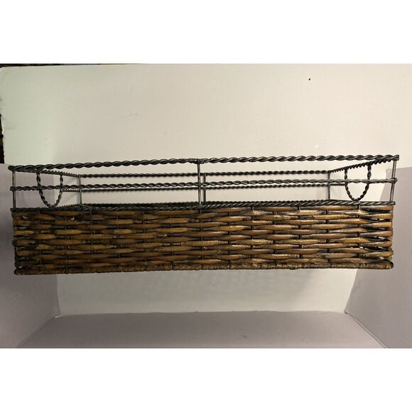 Woven Rectangular Wicker Rattan Basket Handles Metal Frame Organizer - Picture 5 of 9